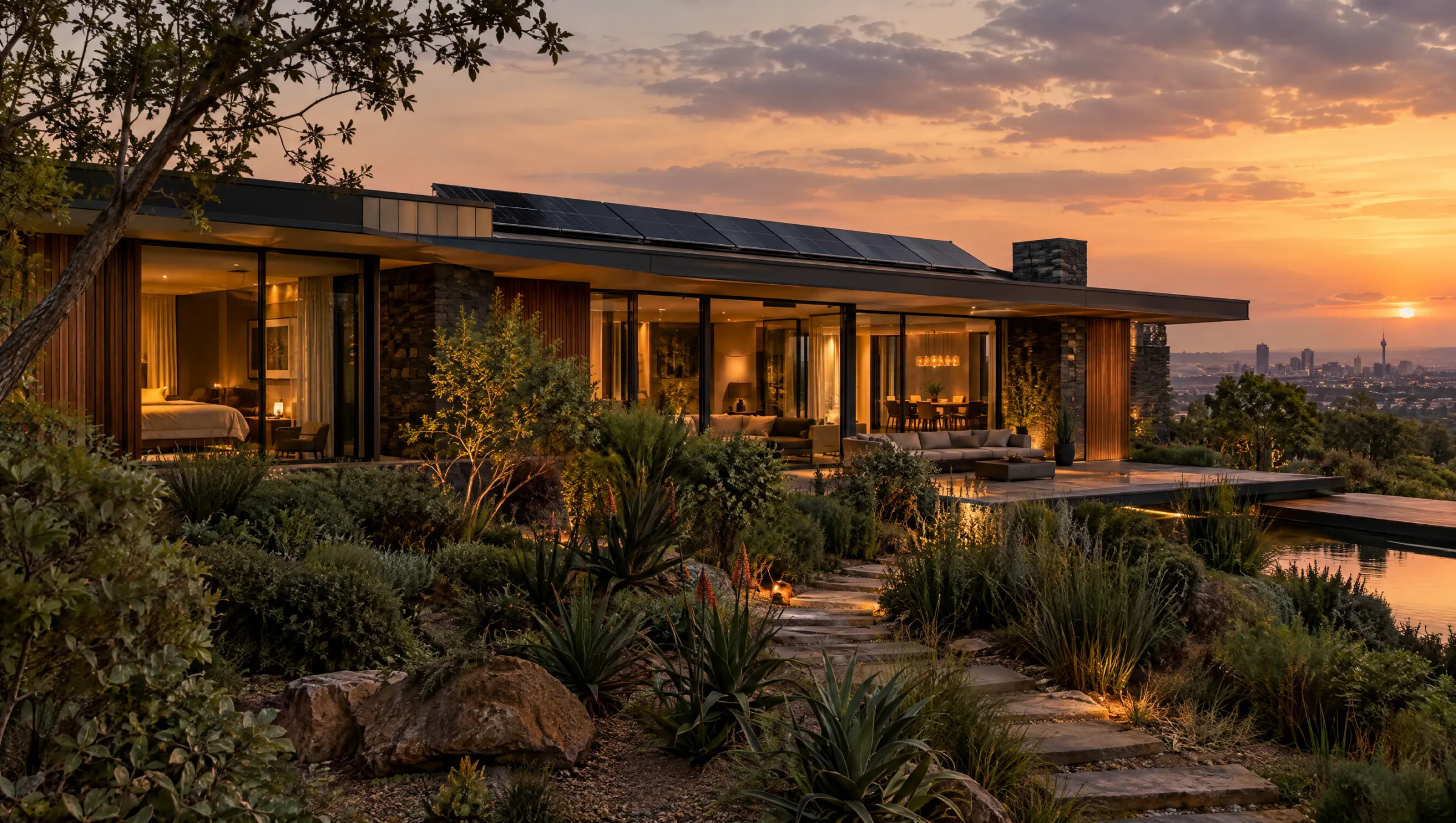 Modern Johannesburg home at dusk with solar panels on the roof