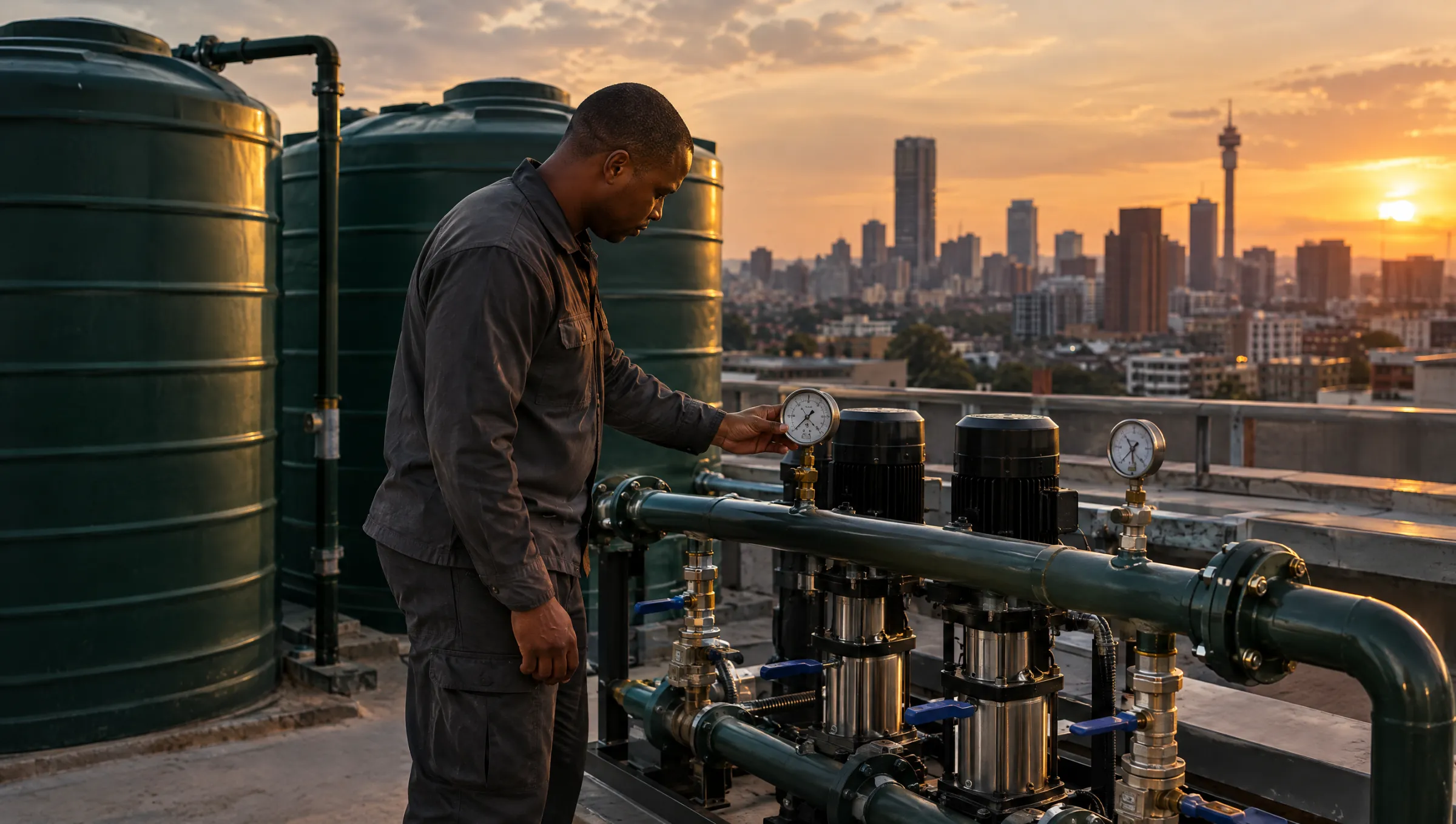 Technician checking a pump manifold beside rooftop water tanks above Johannesburg