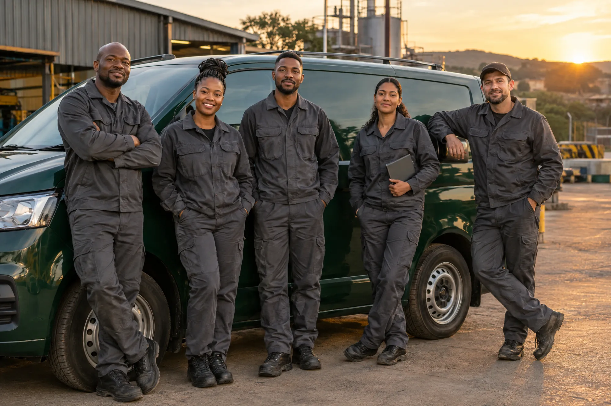 Vutha technicians standing beside a service van