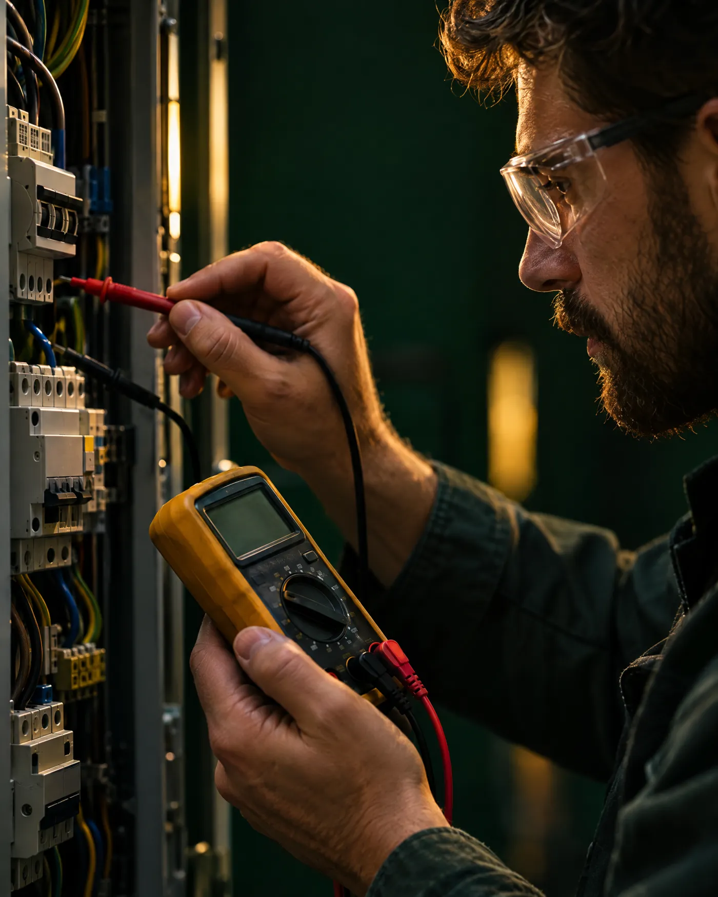 Technician testing an electrical panel with a multimeter